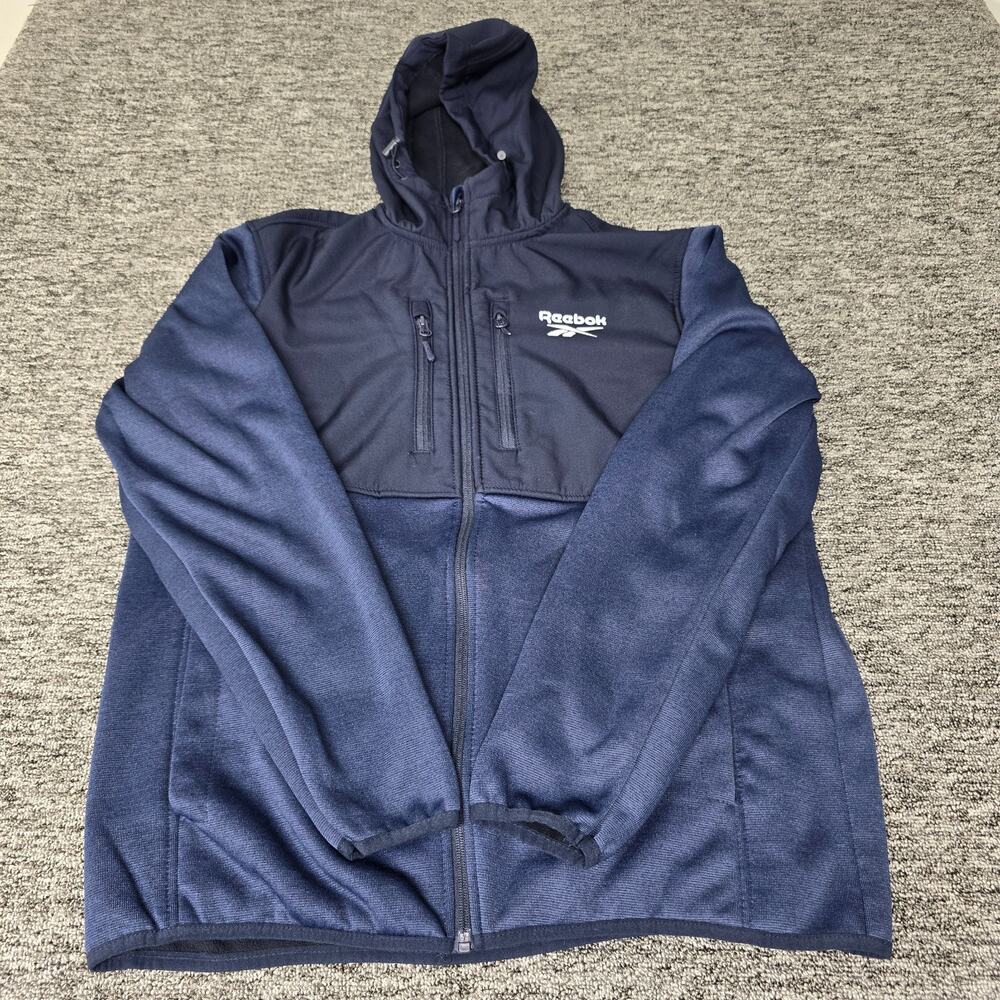 Reebok Hooded Fleece Full Zip Up Jacket Men's L Navy Blue Zipper Pockets